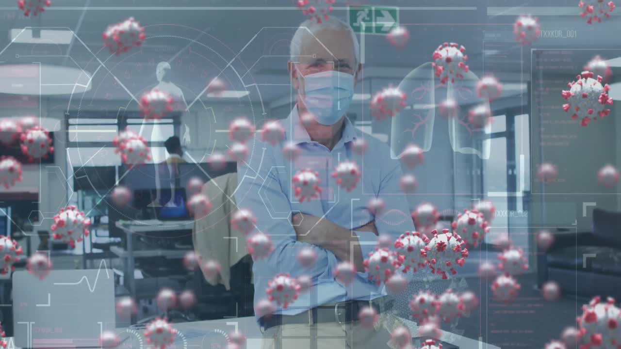 사무실에서 마스크를 쓰고 서 있는 코카시안 노인에 대한 코로나19 세포의 애니메이션