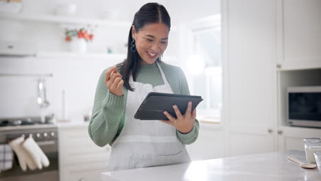 Kitchen,-thinking-and-woman-with-tablet