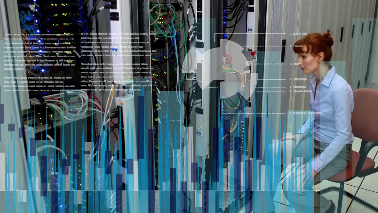Animation of data processing over caucasian businesswoman in server room