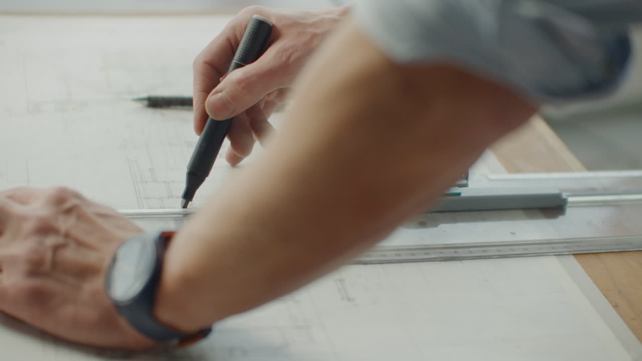 un ingeniero dibuja edificios en la mesa usando un lápiz y una regla. un arquitecto crea un diseño de edificio en papel usando un marcador y una regla
