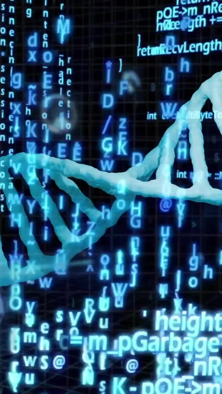 Scientific data processing animation with DNA strand and binary coding elements