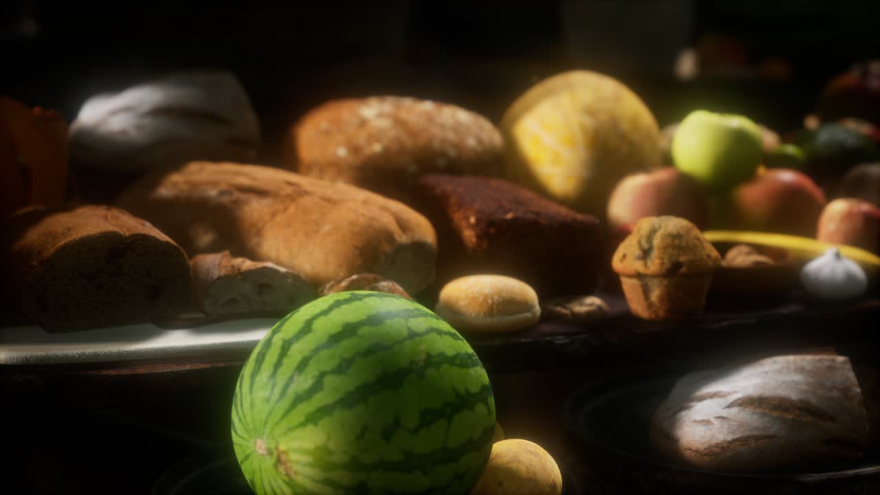 와인 배럴 과 일부 과일, 채소 및  ⁇  이 있는 식탁