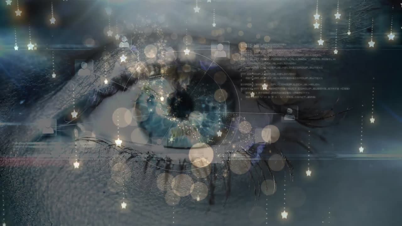 빛의 반 ⁇ 이는 반점과 별의 아이콘이 여성 눈의 근접에 떨어집니다.