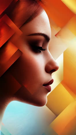 a woman's face is shown in a collage of different colored squares. the image has a vibrant and dynamic feel, with the woman's features standing out against the colorful background