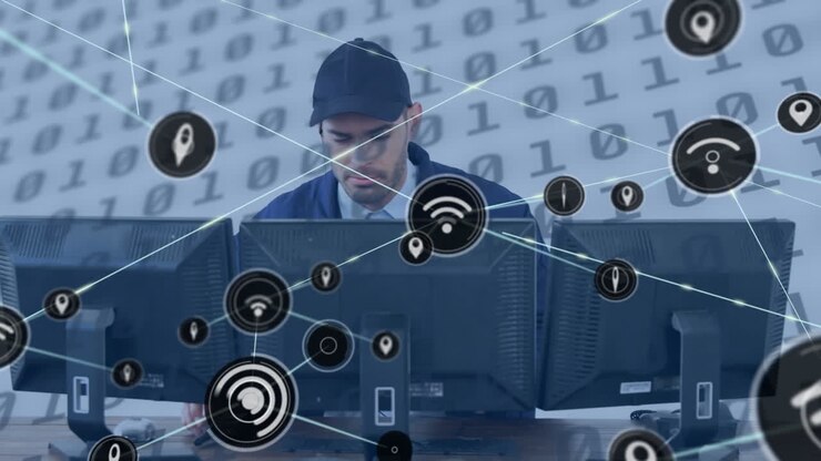 Animation of networks of connections and data processing over man using computers