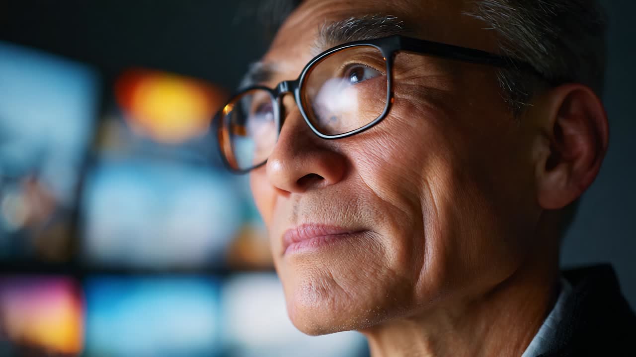 A Thoughtful Elder Man in Glasses Reflecting on Life Amidst Multiple Displays, Capturing a Moment of Contemplation and Insight in a Modern Digital Environment Focused on Emotion and Understanding