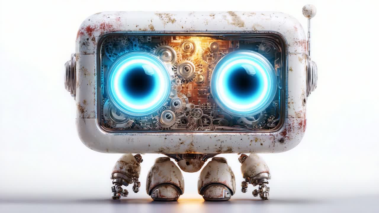 A Rocky Robot: An Ingenious Creation with Big Blue Eyes and Intricate Gears, Showcasing the Fusion of Technology and Creativity in a Unique Design That Captivates Audiences Everywhere