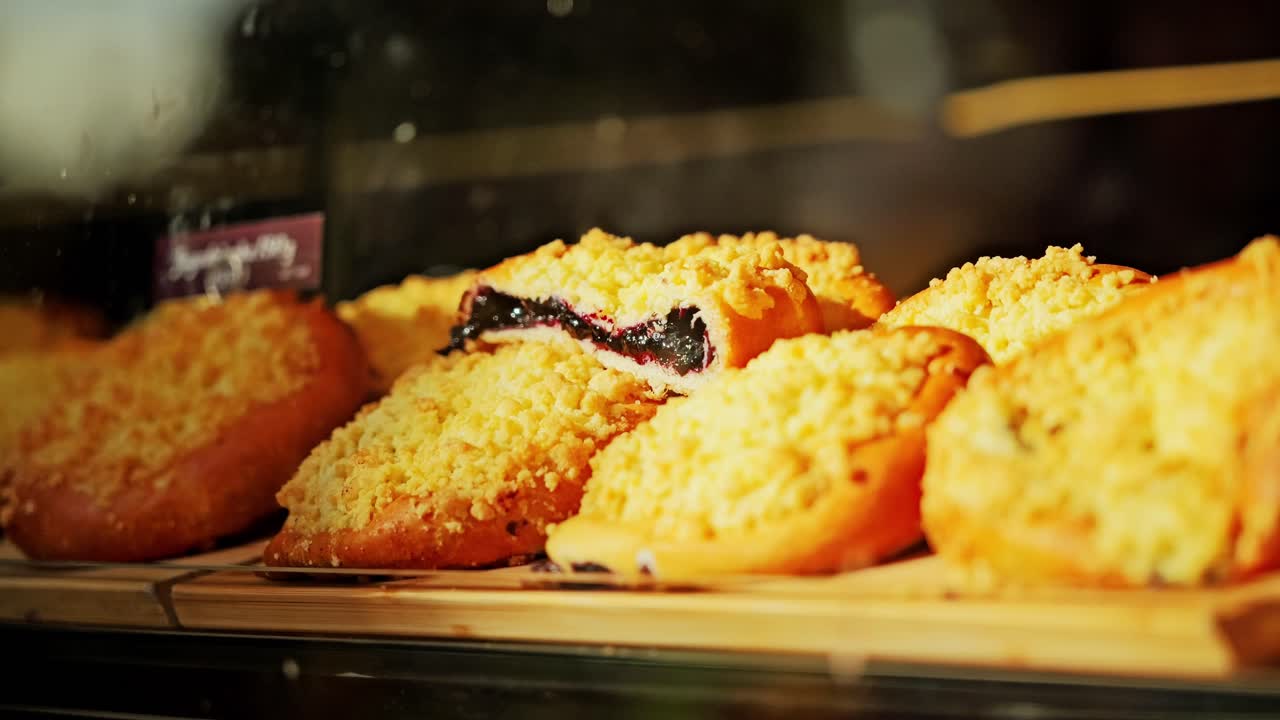 Warm pastries filled with blueberry jam glow under glass in Warsaw bakery