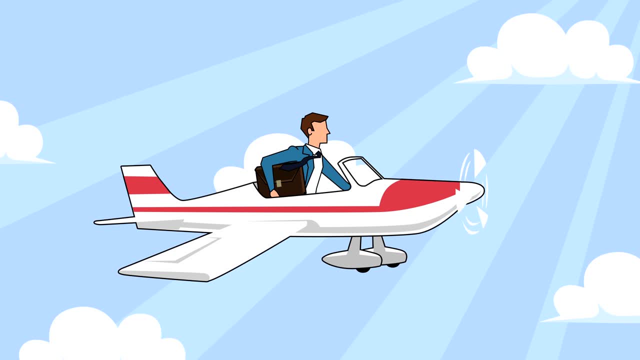 personaje de dibujos animados de hombre de negocios plano con bolsa de maleta volando en avión rojo animación de avión con alfa mate