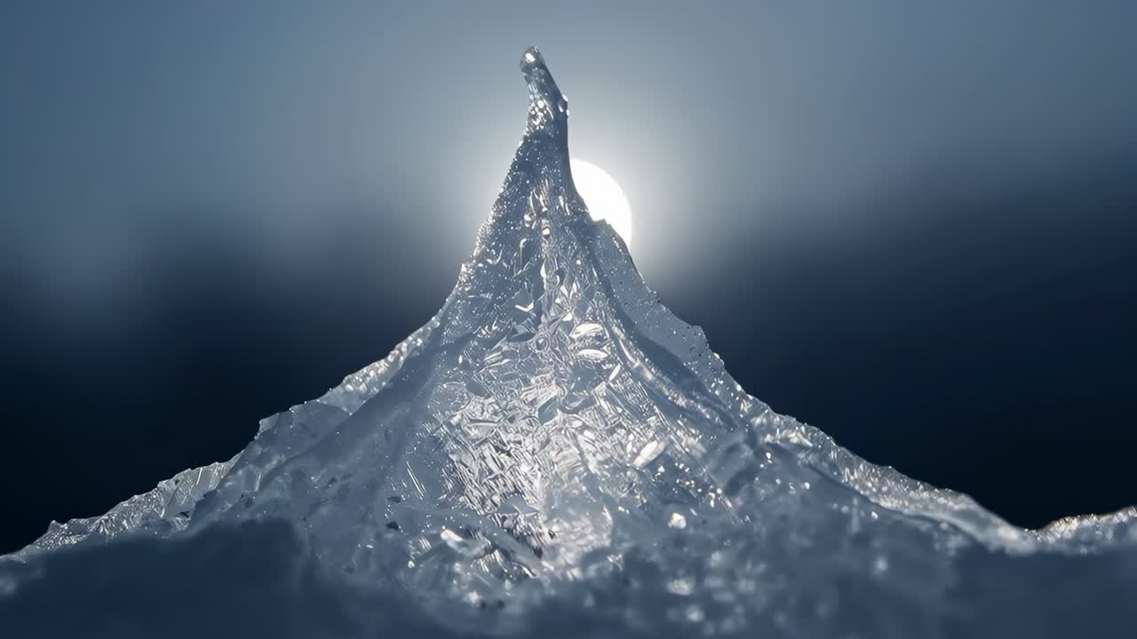 Il sole basso che si sposta illumina la cima appuntita di un cristallo di ghiaccio in un campo ghiacciato, rivelando una goccia di rugiada