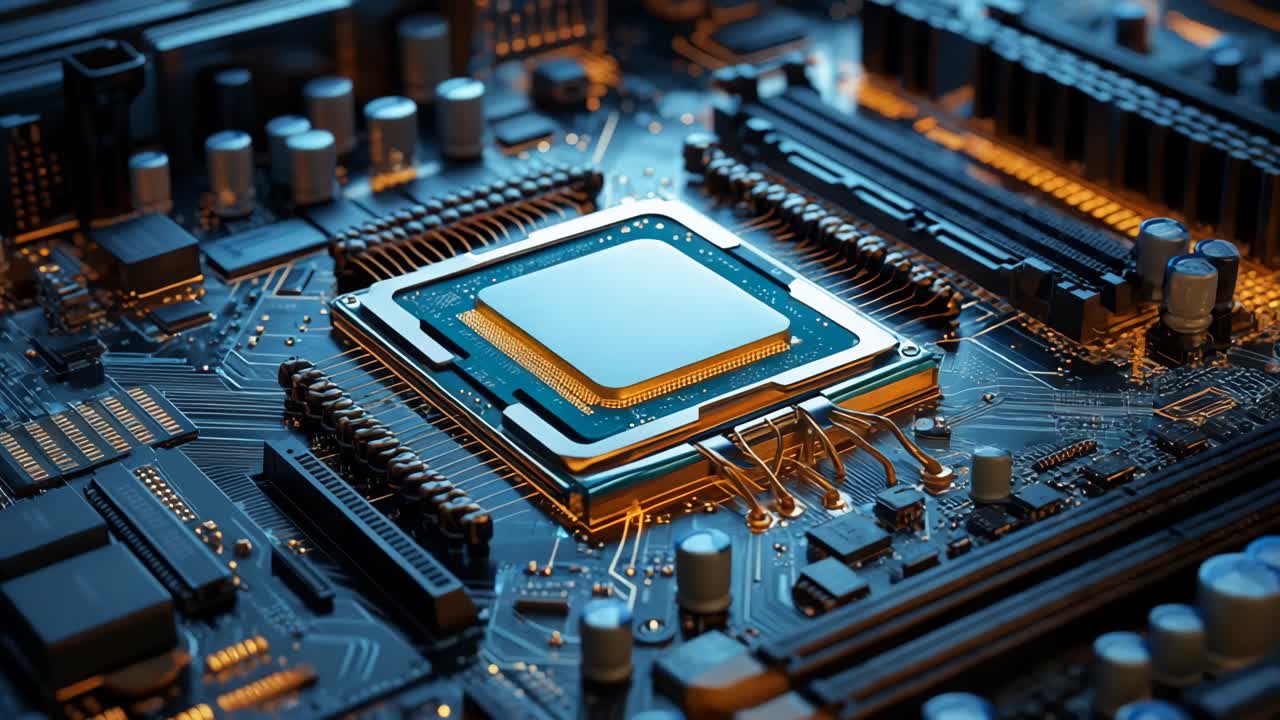 primer plano de una placa base de ordenador con una unidad central de procesamiento (cpu)