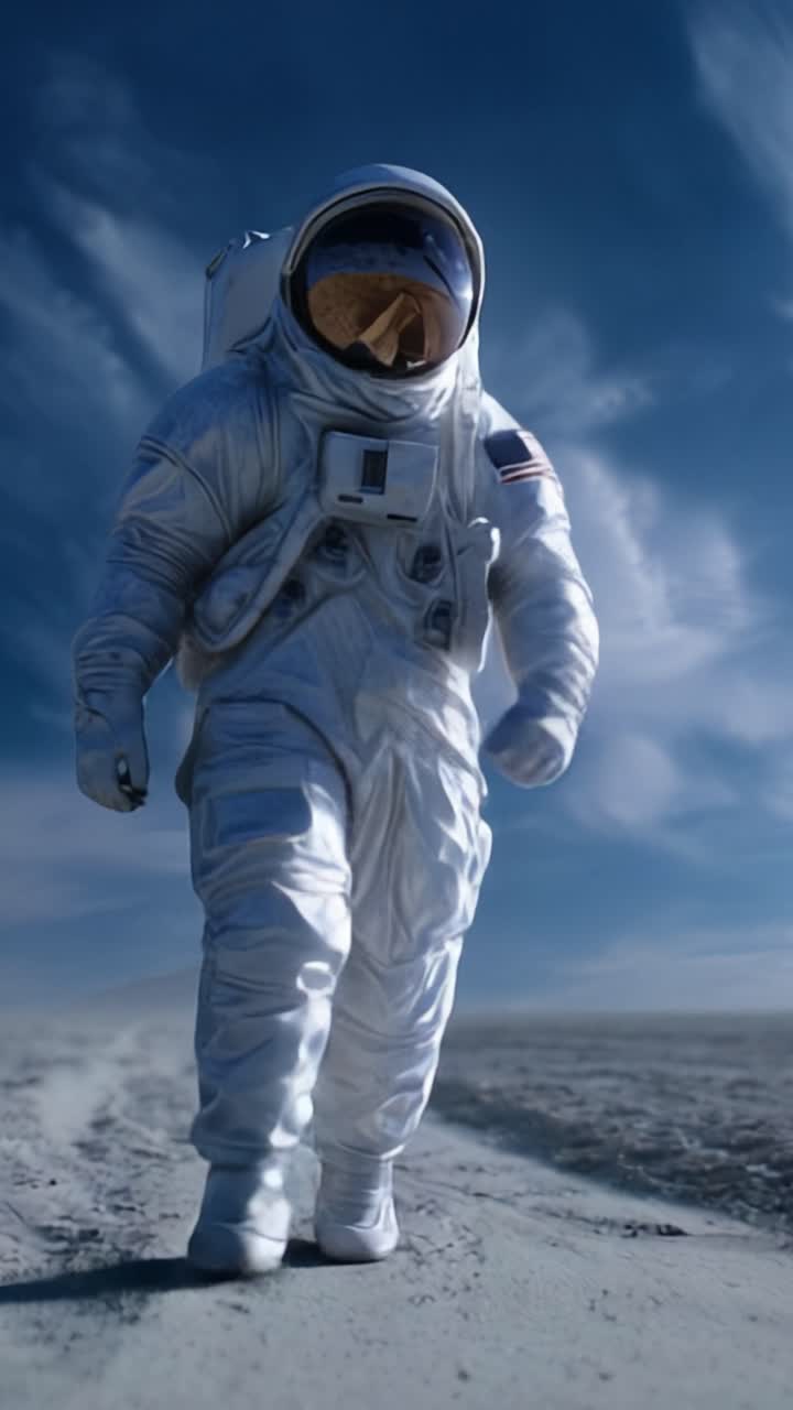 Seorang astronot berjalan dengan percaya diri melintasi lanskap asing di bawah langit biru yang mencolok, menampilkan tema eksplorasi, petualangan, dan luasnya angkasa.