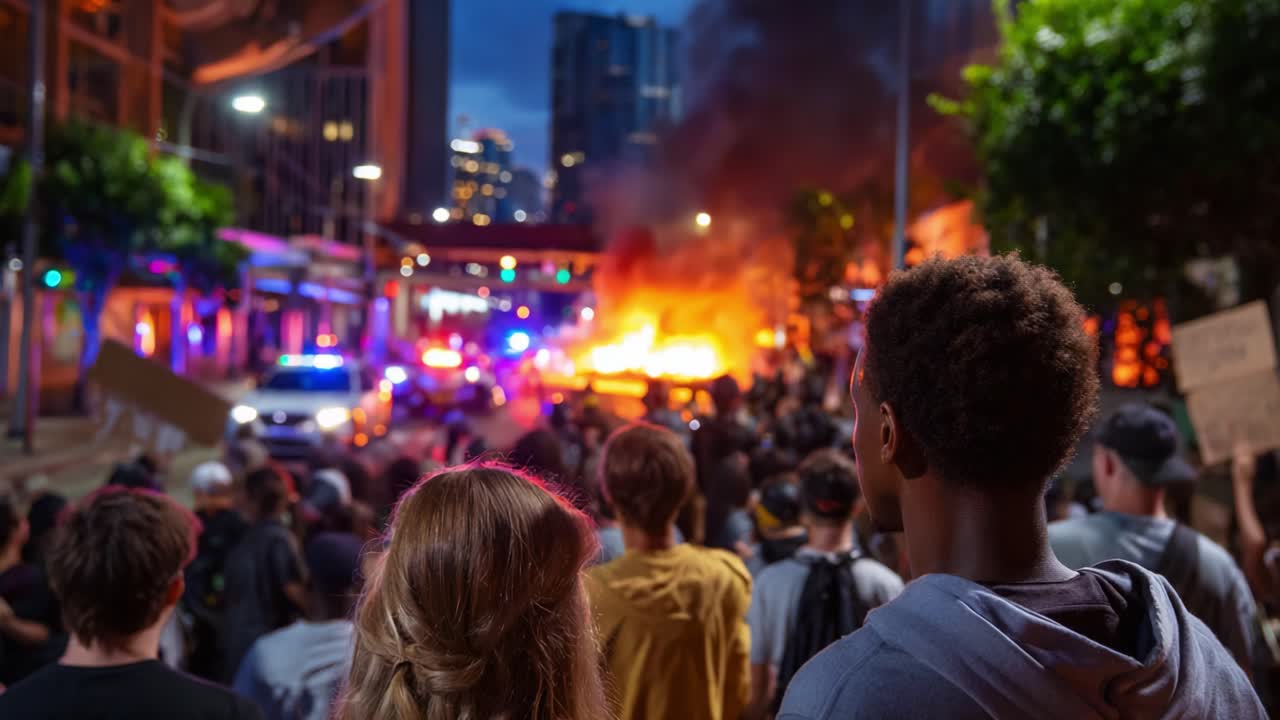 Manifestation au milieu du chaos et des flammes : une scène poignante de troubles sociaux et de protestation dans une ville de nuit soulignant les tensions et les luttes actuelles