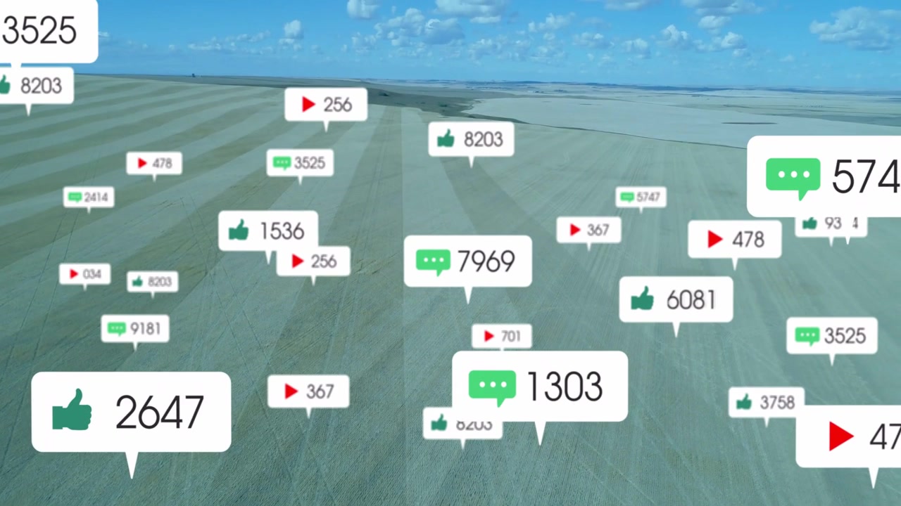 Label 8070 appearing, chat, like, play icons floating over striped field, signaling engagement