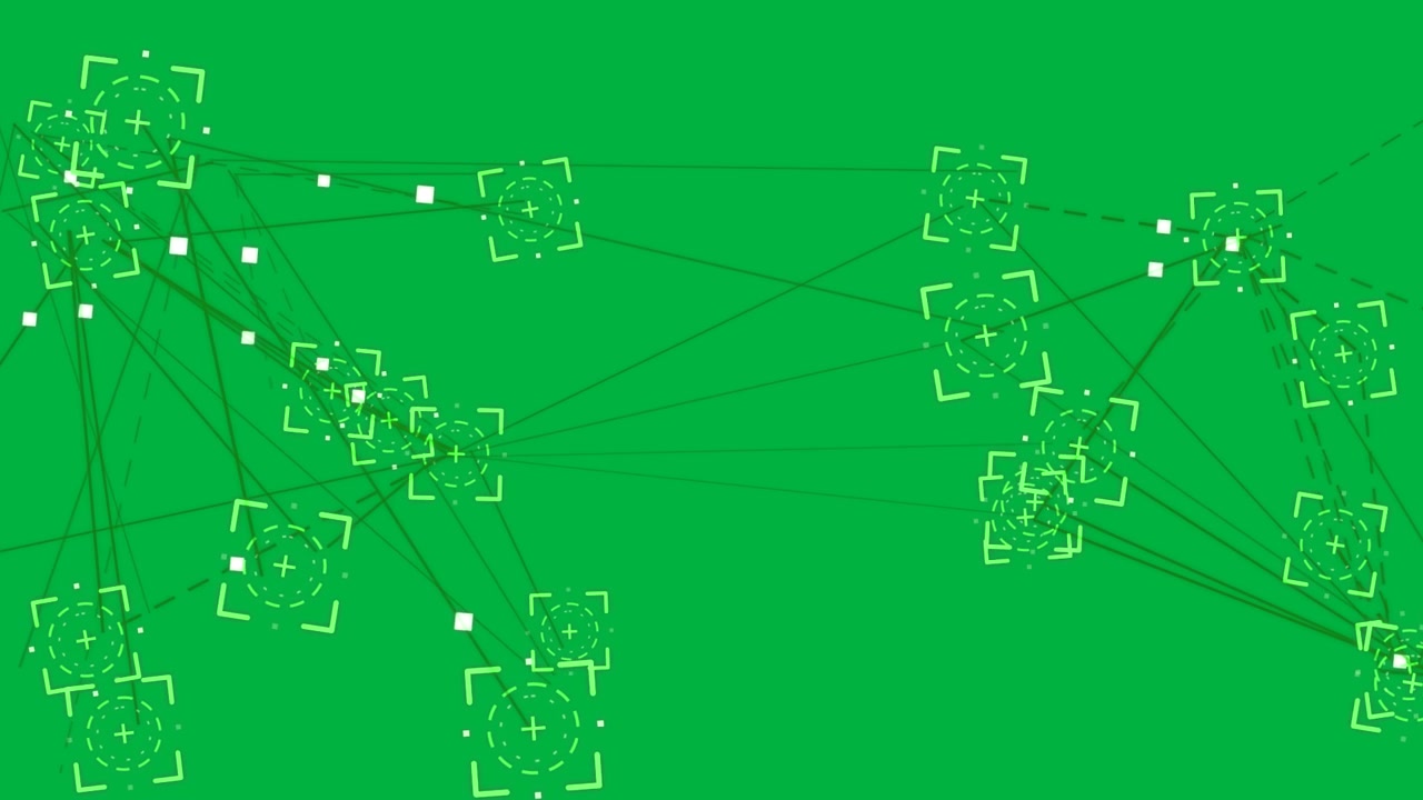 Network animating green nodes, ribbons, dots, left hub emitting flow to show data on transparent bg