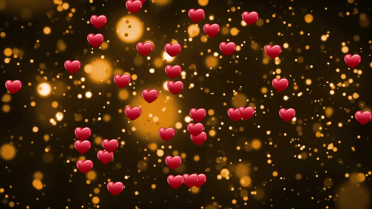 On start red hearts spawning atop, floating downward creating endless shower against golden bokeh