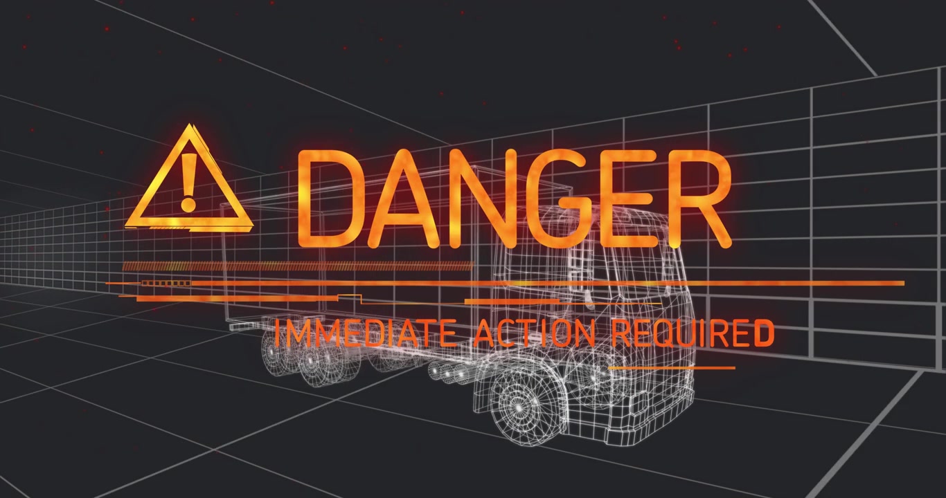 Starting wireframe semi-truck signaling orange flow, DPT DANGER IMMEDIATE ACTION REQUIRED overlay