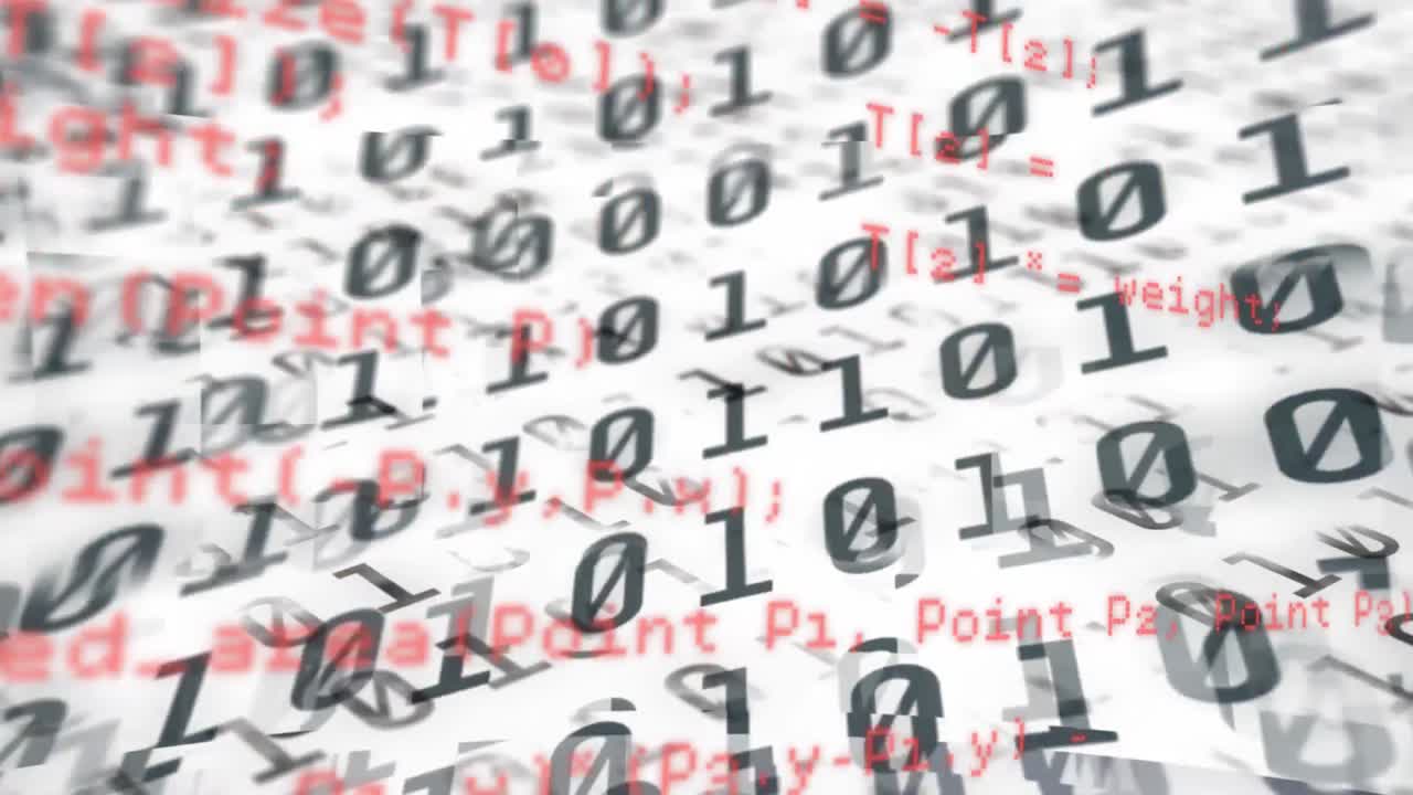 Digital animation of data processing against binary coding data processing on white background