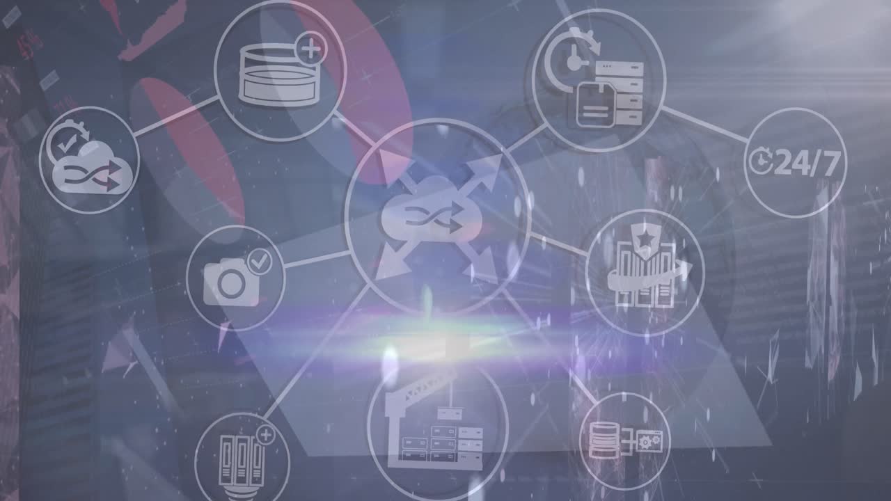 animación de una red de iconos digitales y procesamiento de datos a través de pantallas con redes plexus.