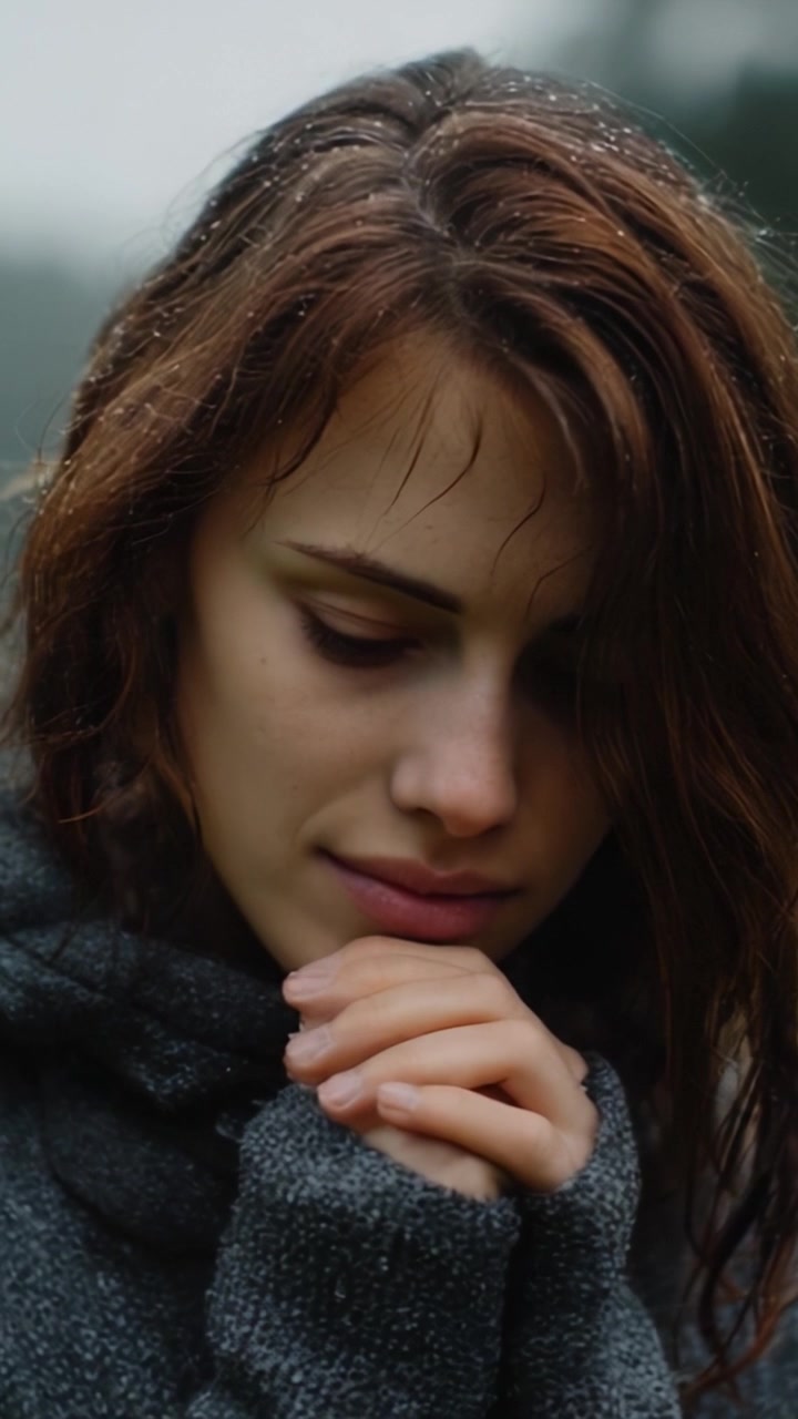 Uma jovem mulher contemplativa com cabelo molhado e um suéter aconchegante, perdida em pensamentos enquanto a chuva cai suavemente ao fundo, evocando uma sensação de paz e introspecção