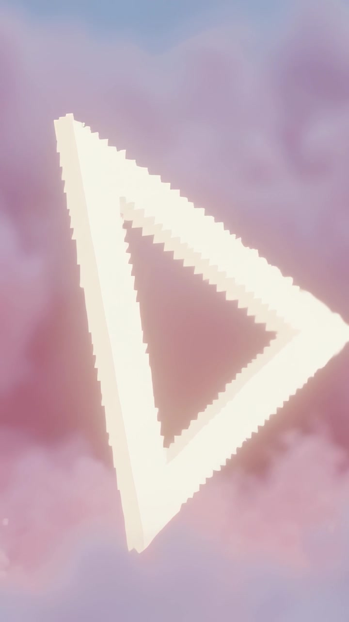Vertical video: Starting glowing triangle rotating over pastel sky as background, pixelated edges
