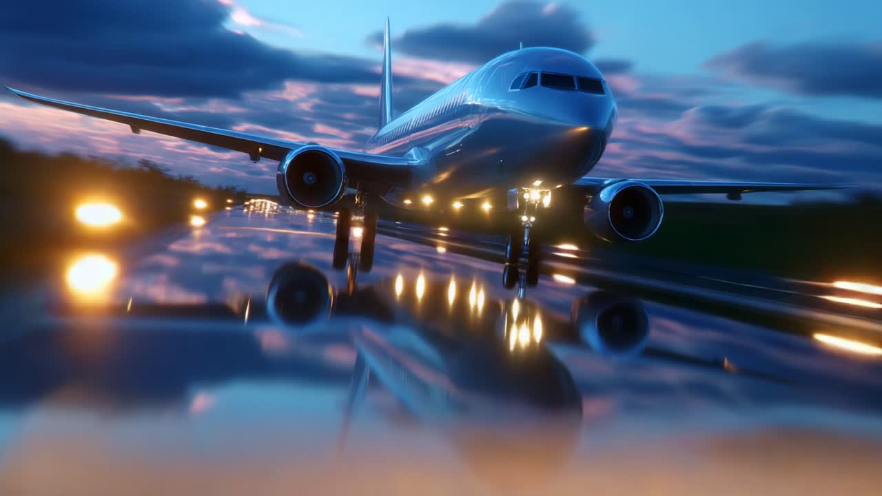 A Dramatic Sequence of a Modern Airplane Touching Down on a Reflective Runway Under a Stunning Twilight Sky with Beautifully Colored Clouds, Capturing the Essence of Aviation and Travel