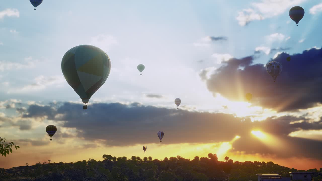 뜨거운 공기 풍선, 서서히 다른 사람들과 함께 도시 위로 날아, 해가 지는 시간