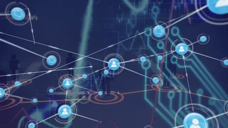 Animation-of-connected-icons-over-graphs,-circuit-board-pattern-and-people-icons-standing-on-circles