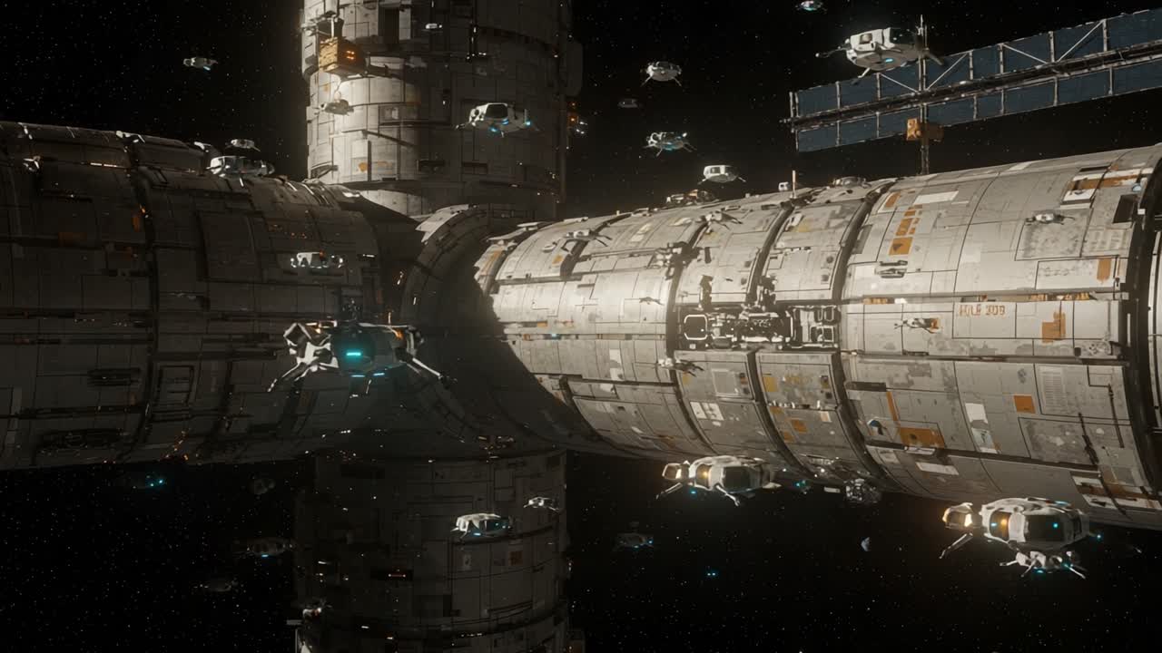 A Stunning Spacecraft Docking Scene: Explore the Intricate Details of a Futuristic Space Station Surrounded by Small Exploration Drones in a Captivating Cosmic Environment