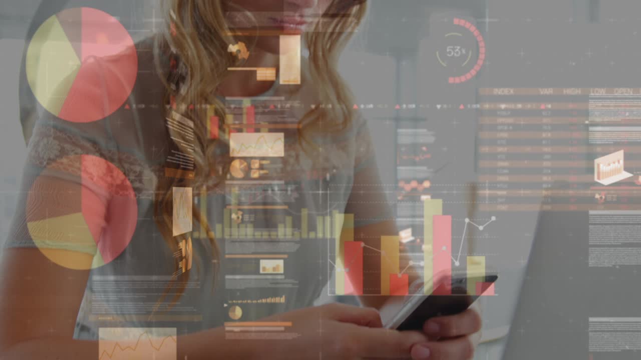 animación de estadísticas y procesamiento de datos sobre mujeres que usan teléfonos inteligentes