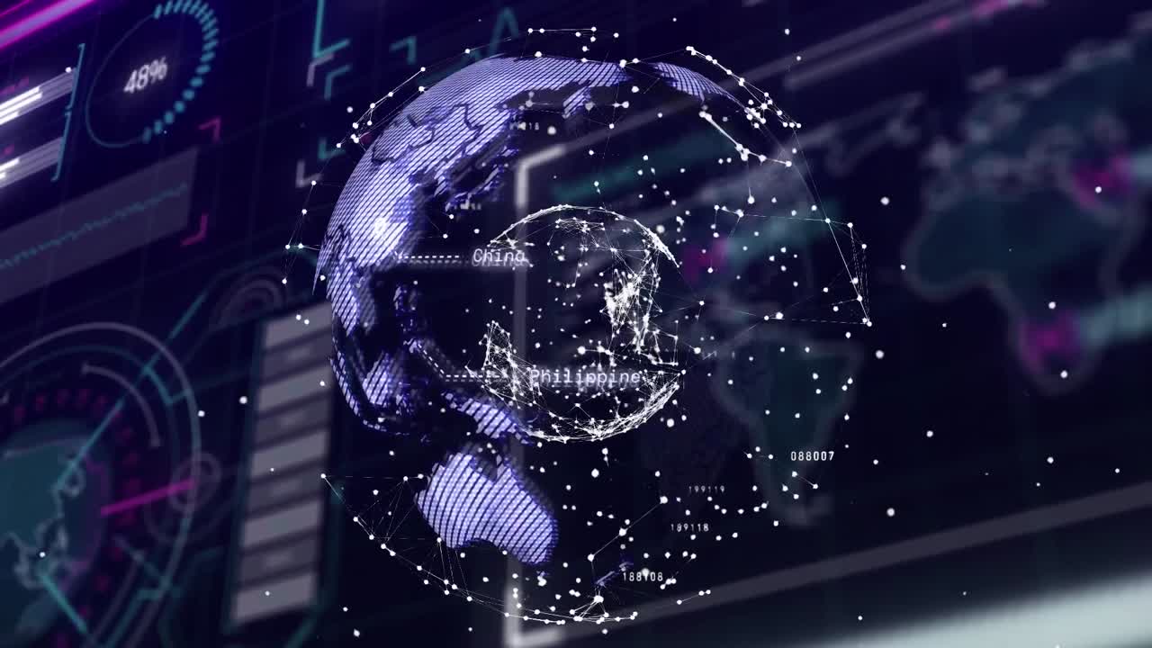 Animation of glowing global network over interface processing data