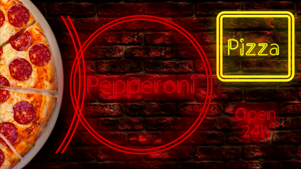 페페로니 피자 배경의 영상, 빛나는 네온 글자로 된 피자 가게 표지판의 이미지.