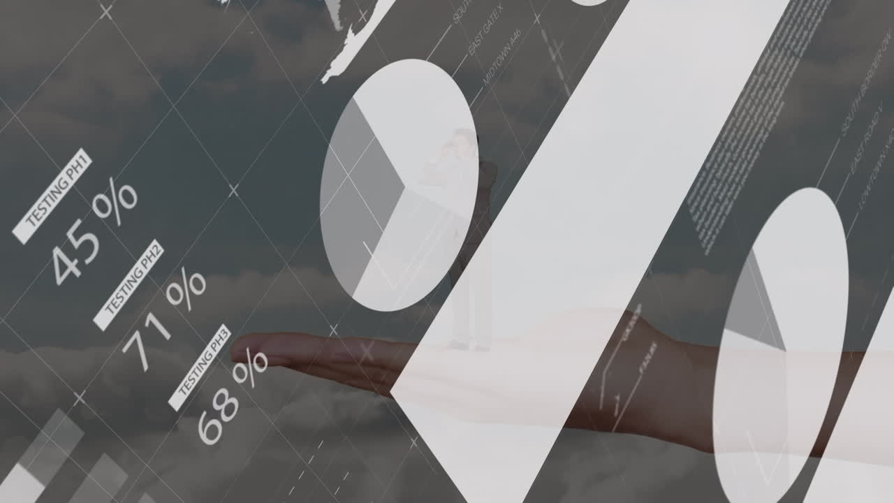 백인 여성 사업가의 손 위에 데이터와 그래프의 애니메이션