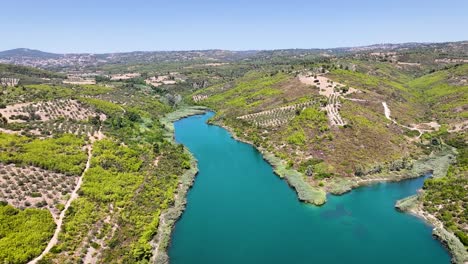 drone flight over marathon lake, greece