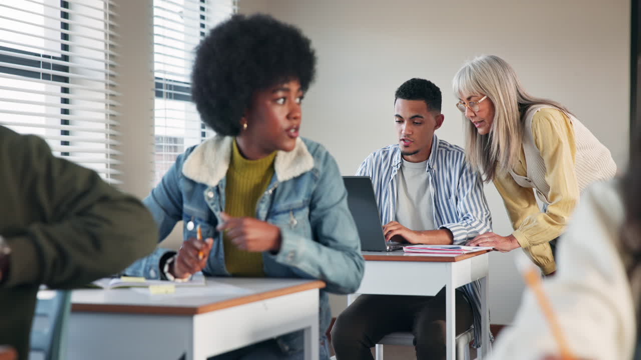 Classroom of diverse students with a teacher