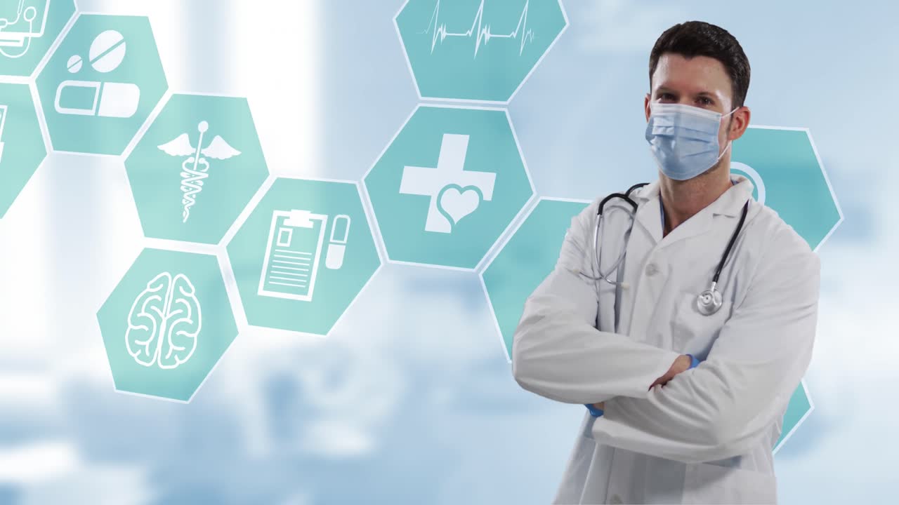animación de un médico caucásico con máscara facial e iconos médicos