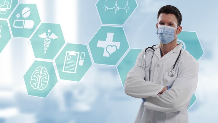 Animación de un médico caucásico usando mascarilla facial e iconos médicos.