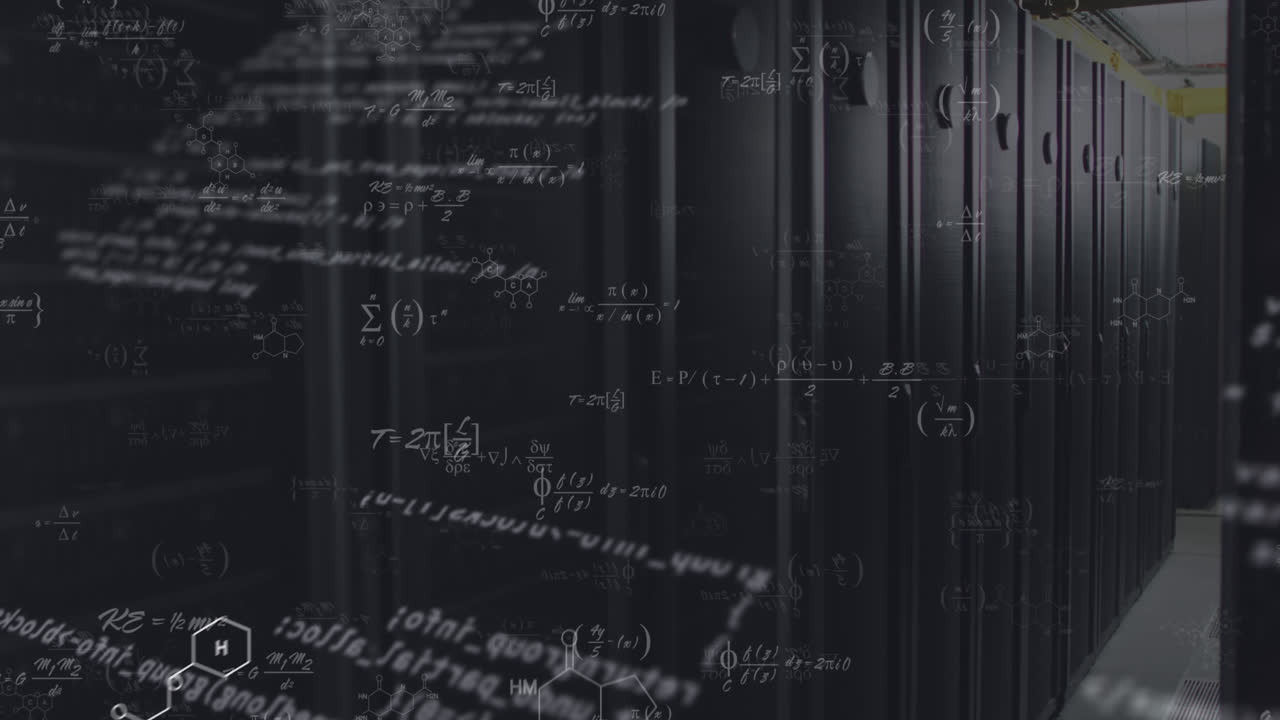 Animation of mathematical equations and data processing against computer server room