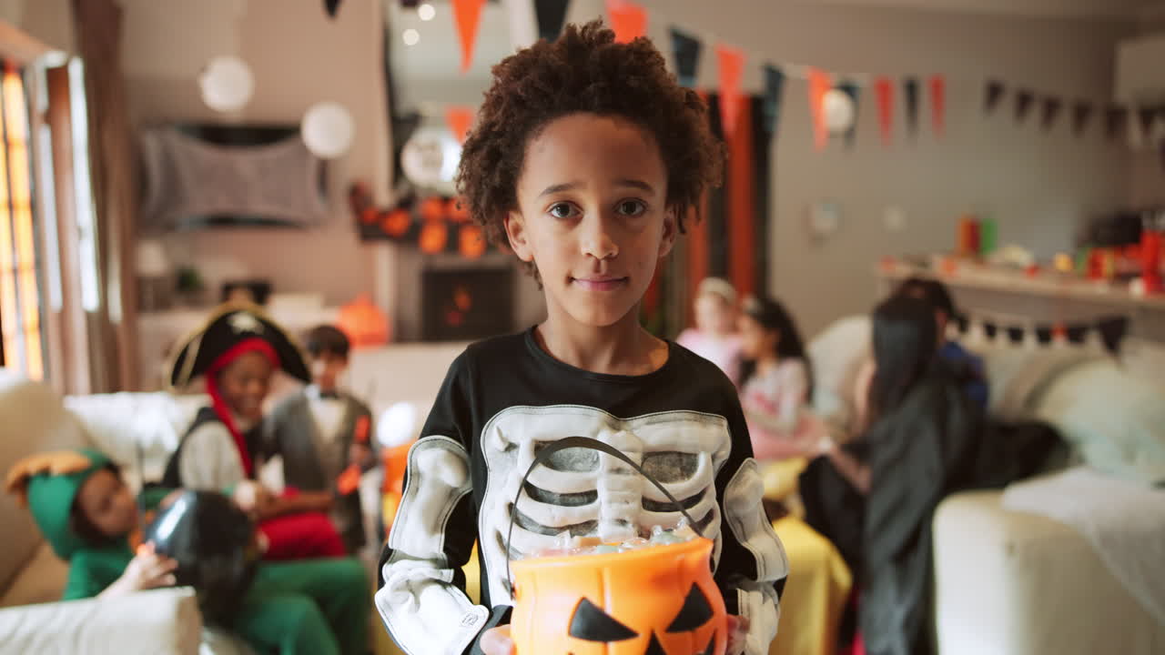 Boy in Skeleton Costume at Halloween Party