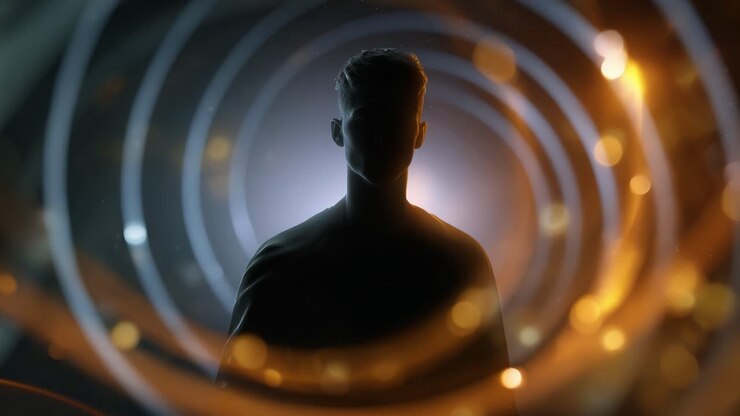Silhouette of a Man Surrounded by Glowing Circular Patterns in a Dark Space, Creating a Mysterious and Intriguing Atmosphere of Depth and Visual Wonder