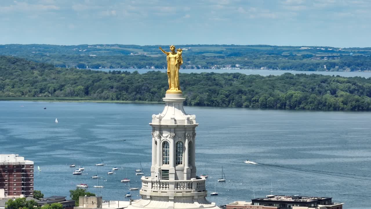 Aerial shot of gilded bronze statue, &amp;quot;Wisconsin&amp;quot; on top of capitol building dome in Madison, WI