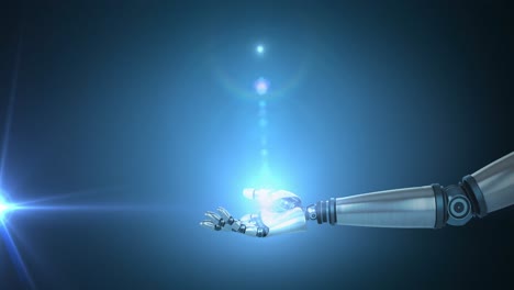 animación de un destello de luz azul sobre la mano del brazo del robot extendido sobre un fondo azul