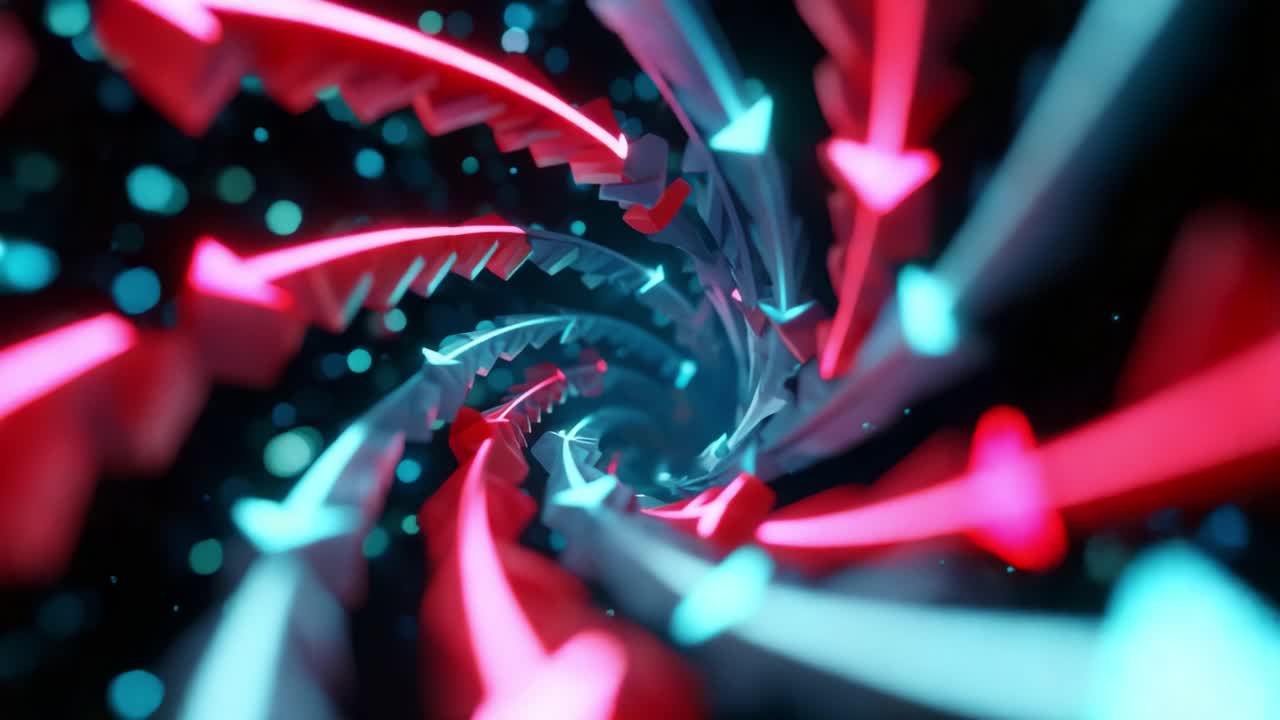 A Dynamic Swirl of Vivid Arrows: This Animated Visual Journey Features Intertwining Red and Blue Arrows Spinning and Converging in a Captivating Spiral of Colorful Motion and Energy