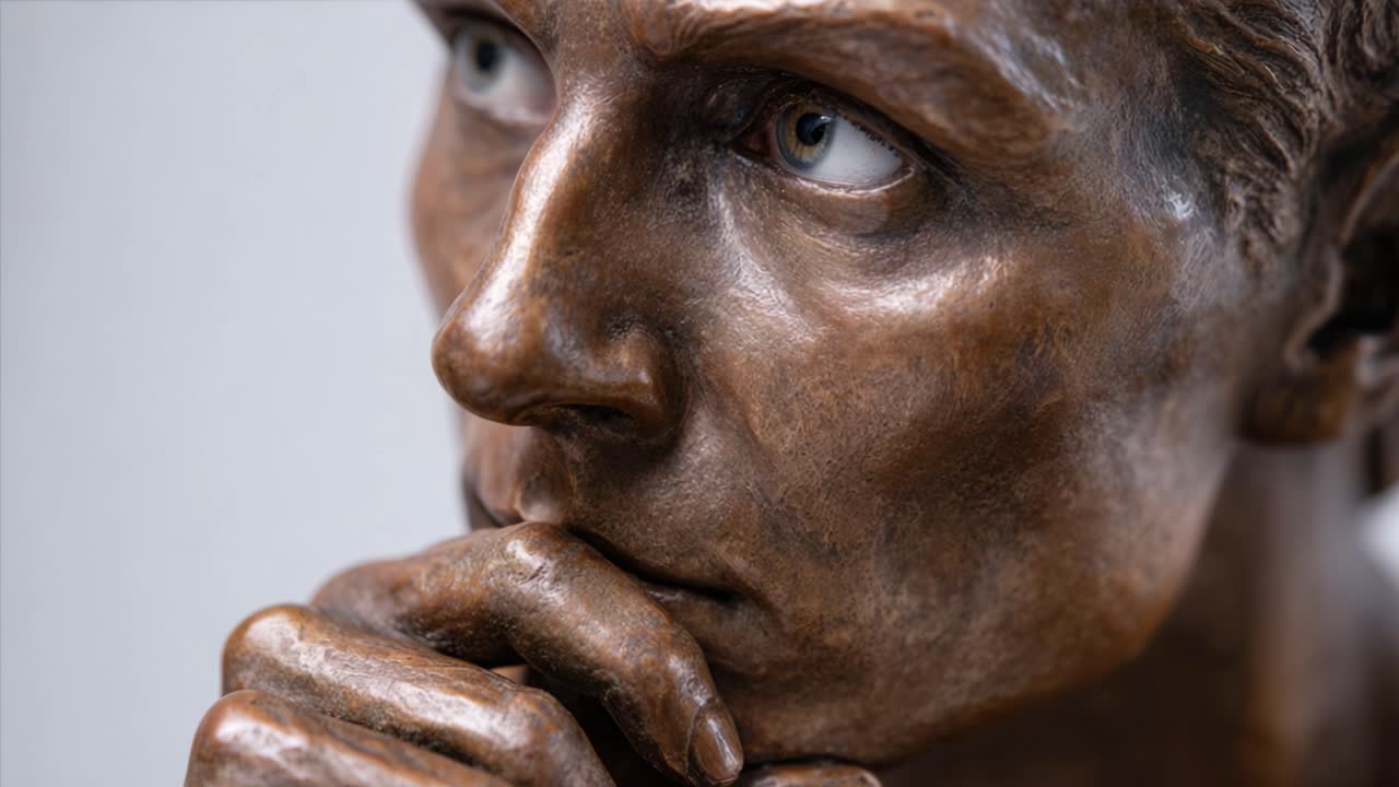 Thoughtful Bronze Sculpture Capturing Contemplation and Emotion in Fine Detail, Showcasing the Intricate Features and Reflective Expression of a Pensive Subject