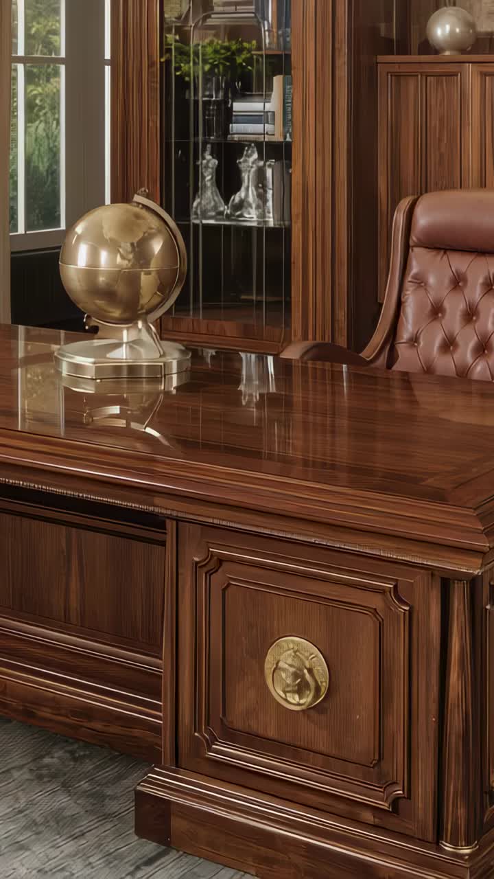 Vertical video: From static view lens panning right revealing office desk with globe and decanters