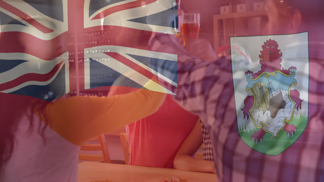 Raising glasses in celebration, people with animation of British and Bermuda flags