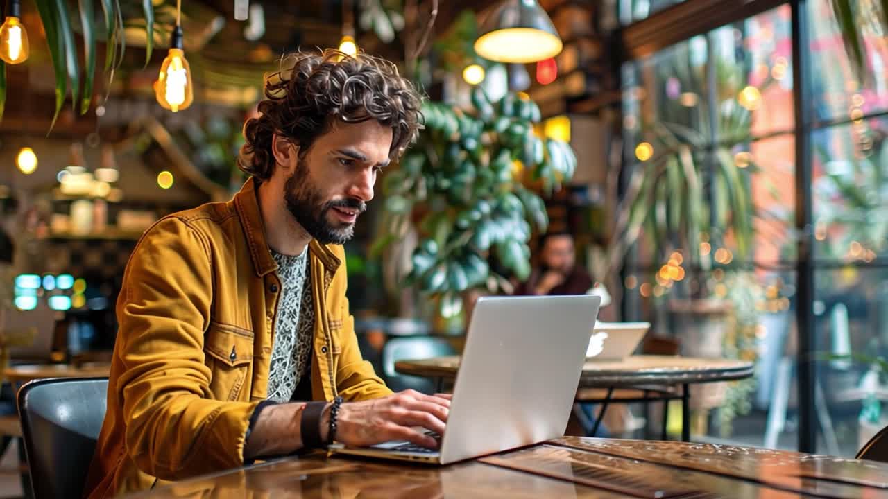 un hombre trabajando en una computadora portátil en un café
