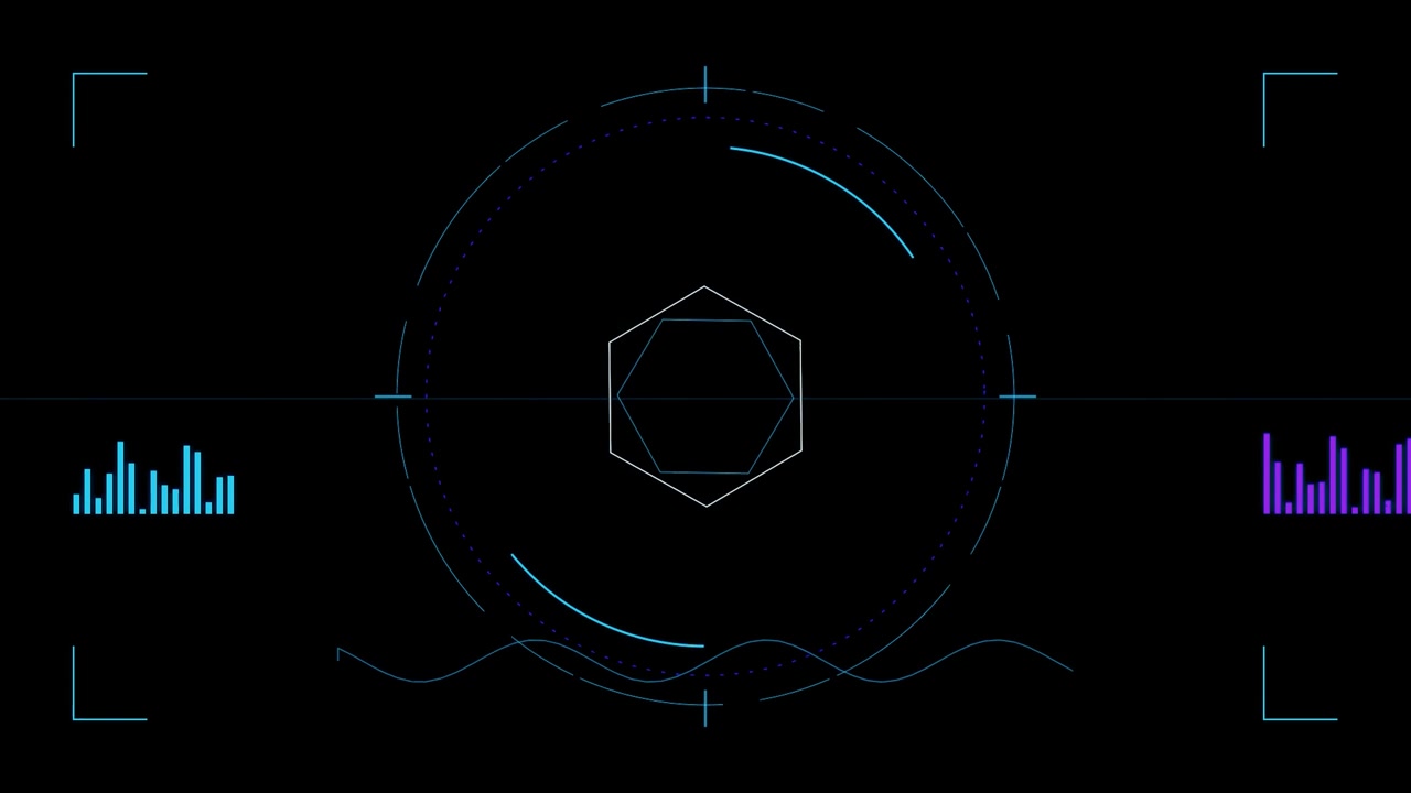 Futuristic Digital HUD Interface with Rotating Hexagon and Data Visualizations