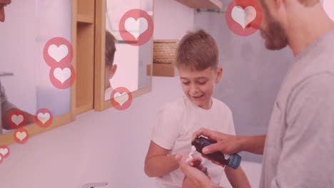 animación de corazones sobre padre y hijo caucásicos afeitándose