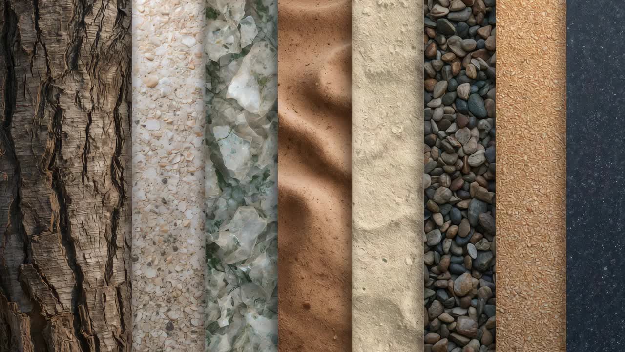 Animating transition, vertical panels brightening and widening orange band in studio, bark pebbles